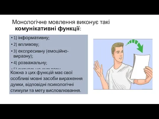 Монологічне мовлення виконує такі комунікативні функції: 1) інформативну; 2) впливову;