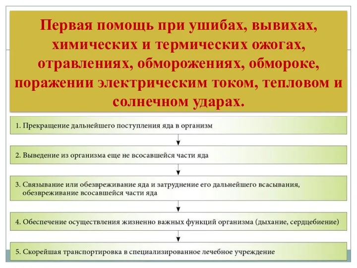 Первая помощь при ушибах, вывихах, химических и термических ожогах, отравлениях,