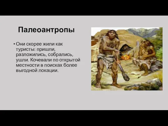 Палеоантропы Они скорее жили как туристы: пришли, разложились, собрались, ушли.