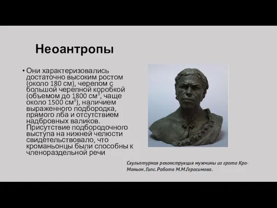 Неоантропы Они характеризовались достаточно высоким ростом (около 180 см), черепом