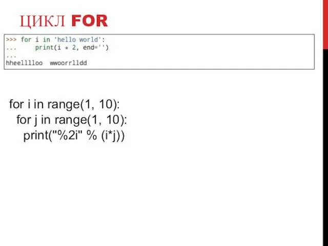 ЦИКЛ FOR for i in range(1, 10): for j in range(1, 10): print("%2i" % (i*j))