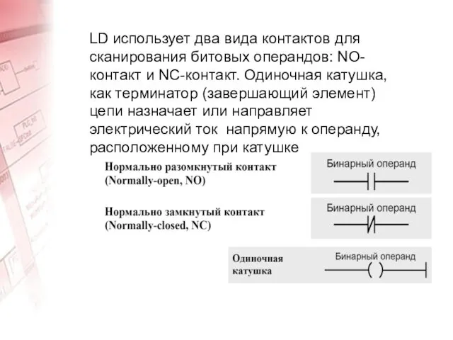 LD использует два вида контактов для сканирования битовых операндов: NO-контакт и NC-контакт. Одиночная