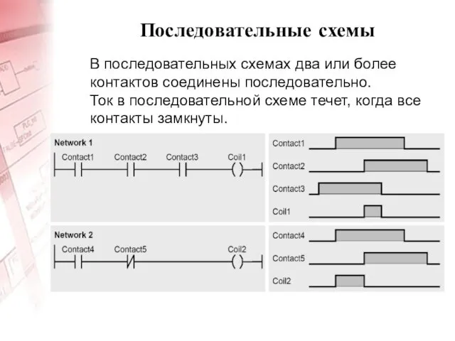 Последовательные схемы В последовательных схемах два или более контактов соединены последовательно. Ток в