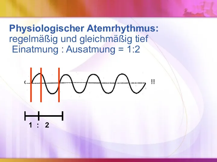 Physiologischer Atemrhythmus: regelmäßig und gleichmäßig tief Einatmung : Ausatmung = 1:2