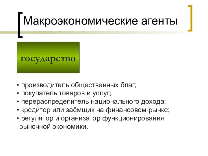 государство Макроэкономические агенты производитель общественных благ; покупатель товаров и услуг;