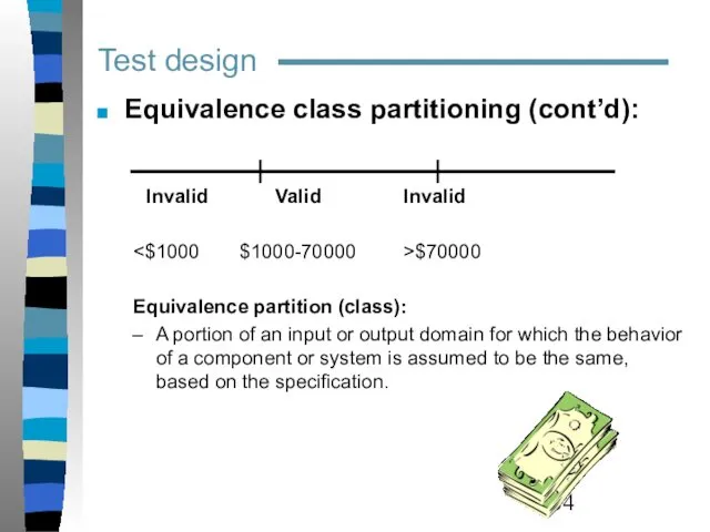 Test design Equivalence class partitioning (cont’d): Invalid Valid Invalid $70000