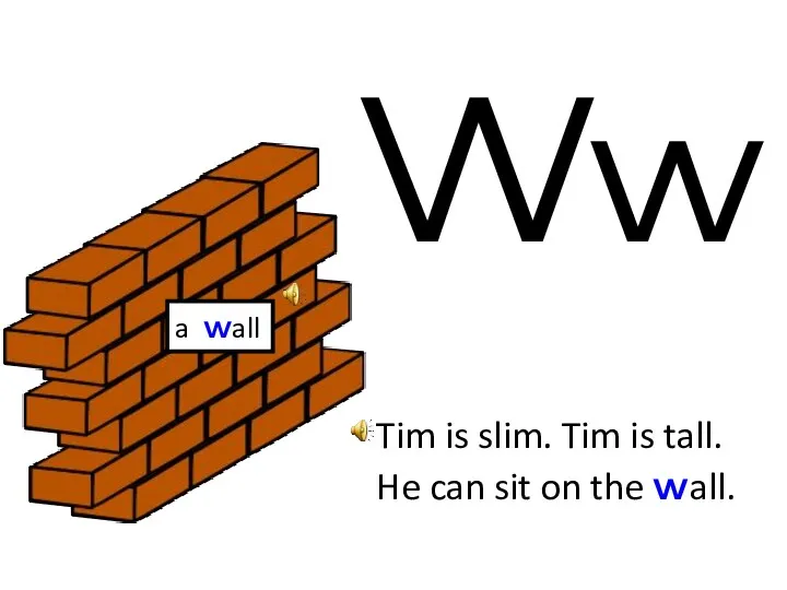 W w Tim is slim. Tim is tall. He can sit on the wall. a wall