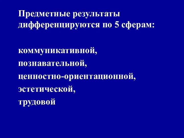 Предметные результаты дифференцируются по 5 сферам: коммуникативной, познавательной, ценностно-ориентационной, эстетической, трудовой