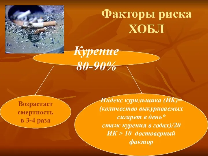 Факторы риска ХОБЛ Курение 80-90% Возрастает смертность в 3-4 раза