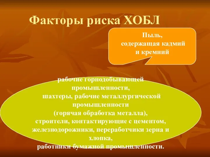 Факторы риска ХОБЛ Пыль, содержащая кадмий и кремний рабочие горнодобывающей