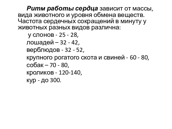 Ритм работы сердца зависит от массы, вида животного и уровня