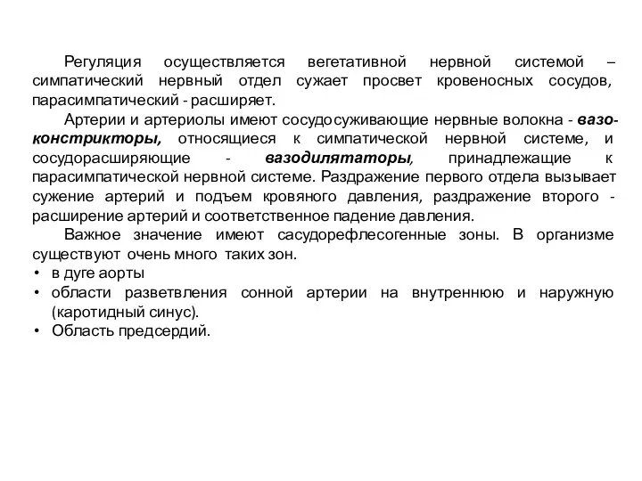 Регуляция осуществляется вегетативной нервной системой – симпатический нервный отдел сужает