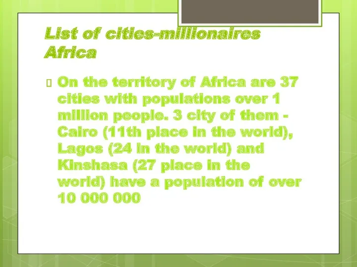 List of cities-millionaires Africa On the territory of Africa are