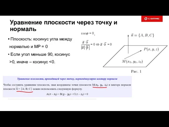 Уравнение плоскости через точку и нормаль Плоскость: косинус угла между