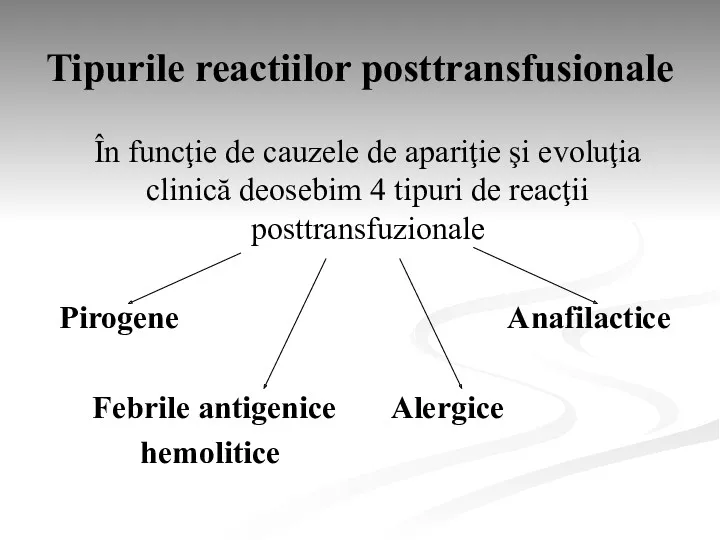 Tipurile reactiilor posttransfusionale În funcţie de cauzele de apariţie şi evoluţia clinică deosebim