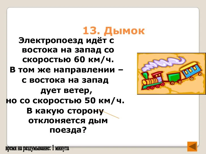 13. Дымок Электропоезд идёт с востока на запад со скоростью