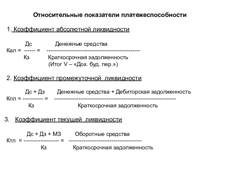 Относительные показатели платежеспособности 1. Коэффициент абсолютной ликвидности Дс Денежные средства