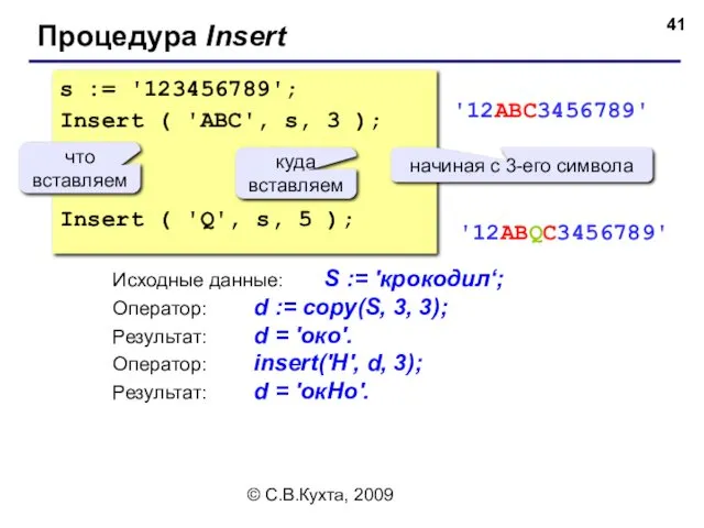 © С.В.Кухта, 2009 s := '123456789'; Insert ( 'ABC', s, 3 ); Insert