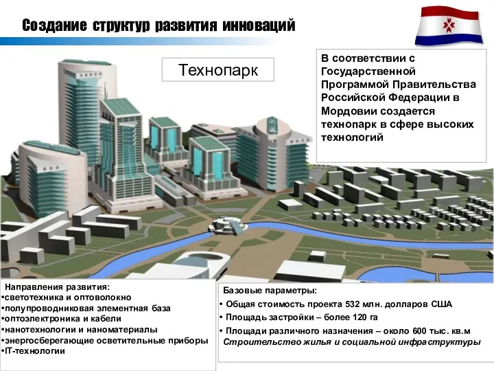 Технопарк В соответствии с Государственной Программой Правительства Российской Федерации в Мордовии создается технопарк