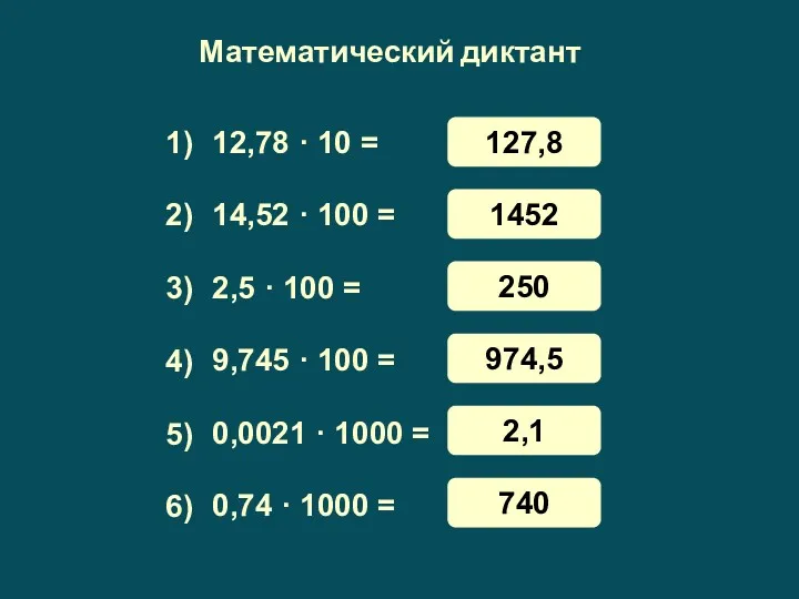 Математический диктант 12,78 · 10 = 14,52 · 100 =