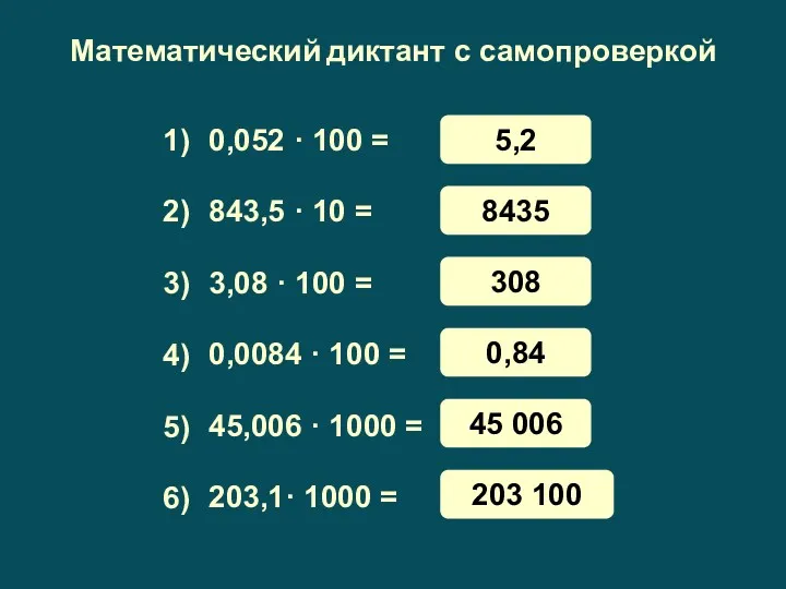 Математический диктант с самопроверкой 0,052 · 100 = 843,5 ·