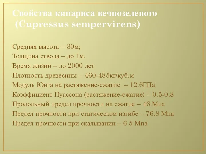 Свойства кипариса вечнозеленого (Cupressus sempervirens) Средняя высота – 30м; Толщина