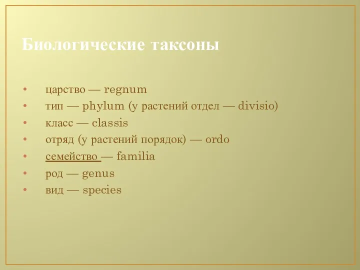 Биологические таксоны царство — regnum тип — phylum (у растений