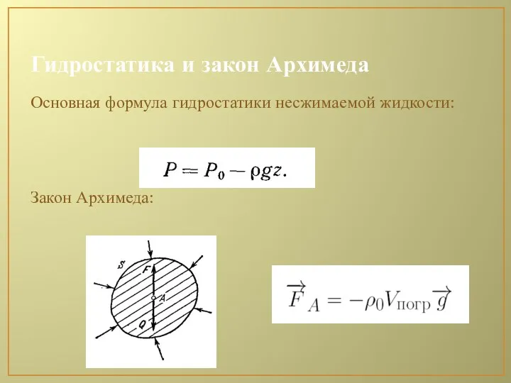 Гидростатика и закон Архимеда Основная формула гидростатики несжимаемой жидкости: Закон Архимеда: