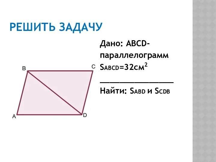 РЕШИТЬ ЗАДАЧУ Дано: ABCD- параллелограмм SABCD=32см2 _______________ Найти: SABD и SCDВ А В С D