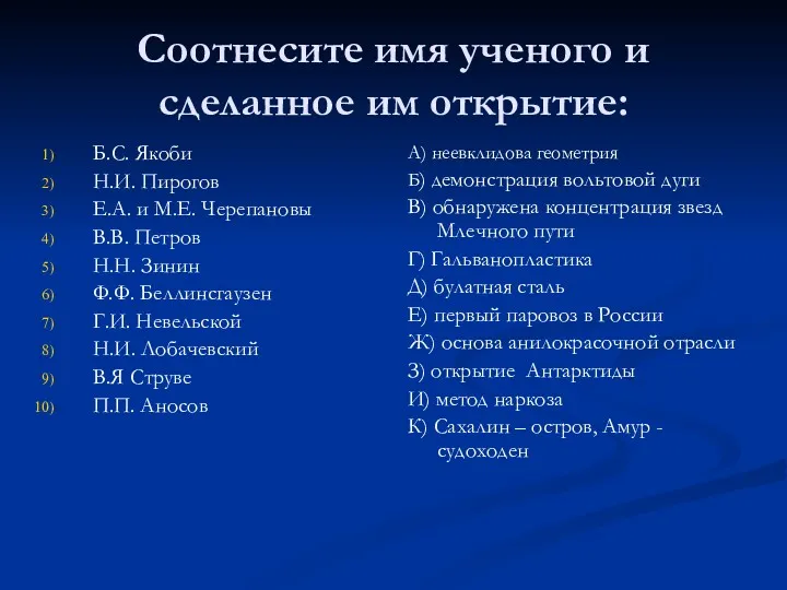 Соотнесите имя ученого и сделанное им открытие: Б.С. Якоби Н.И. Пирогов Е.А. и