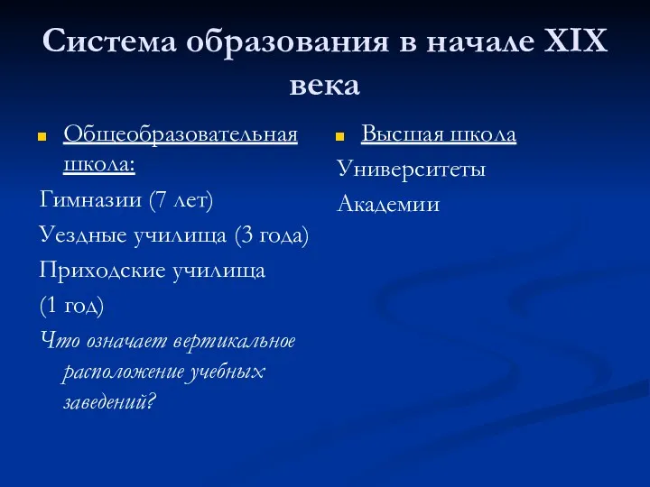 Система образования в начале ХIХ века Общеобразовательная школа: Гимназии (7 лет) Уездные училища