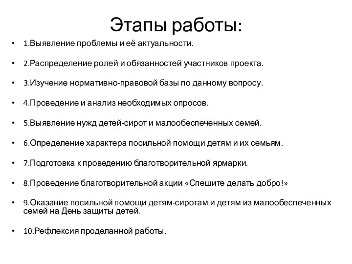 Этапы работы: 1.Выявление проблемы и её актуальности. 2.Распределение ролей и