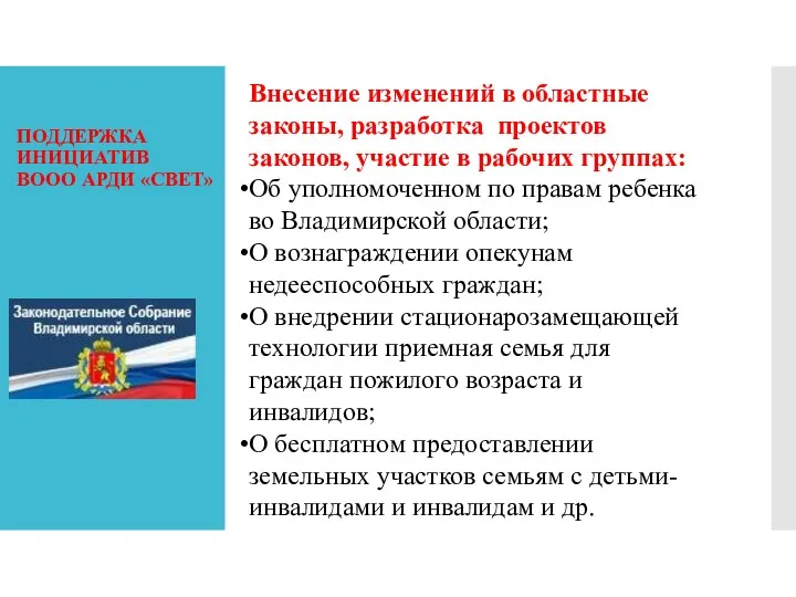 ПОДДЕРЖКА ИНИЦИАТИВ ВООО АРДИ «СВЕТ» Внесение изменений в областные законы,