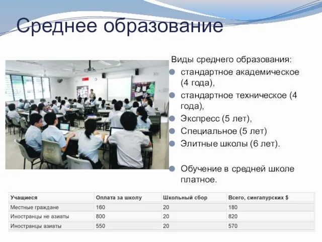 Среднее образование Виды среднего образования: стандартное академическое (4 года), стандартное