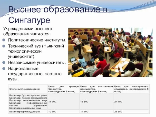 Высшее образование в Сингапуре Учреждениями высшего образования являются: Политехнические институты.