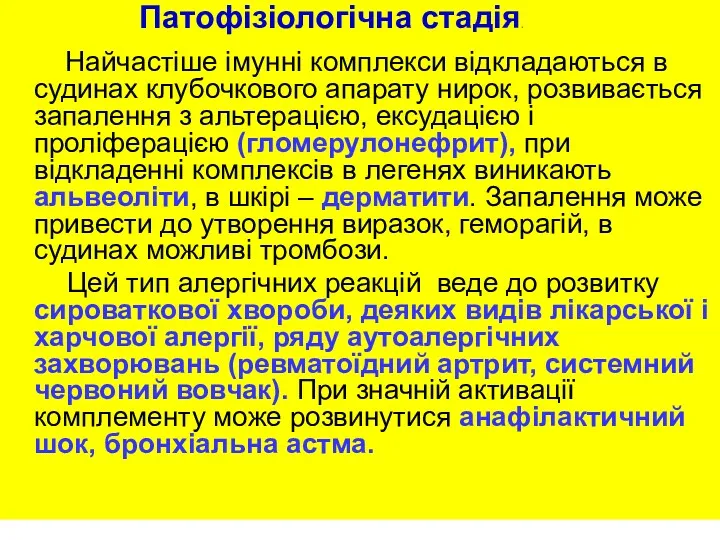 Патофізіологічна стадія. Найчастіше імунні комплекси відкладаються в судинах клубочкового апарату