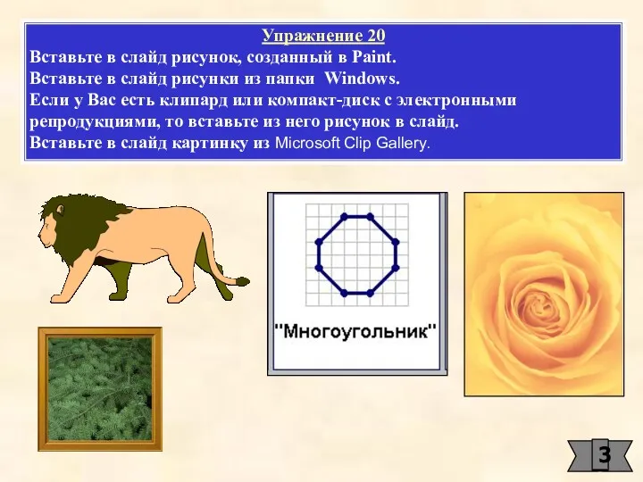 Упражнение 20 Вставьте в слайд рисунок, созданный в Paint. Вставьте