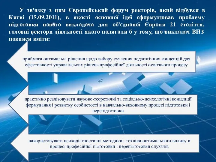 У зв'язку з цим Європейський форум ректорів, який відбувся в Києві (15.09.2011), в
