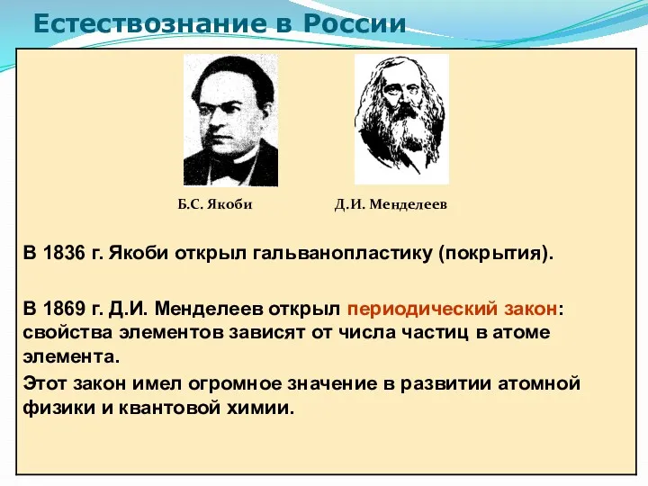 Естествознание в России Б.С. Якоби Д.И. Менделеев