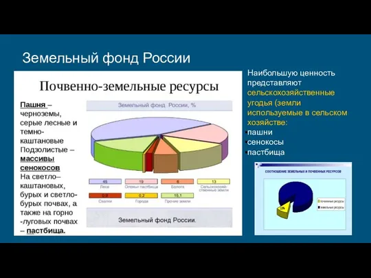 Наибольшую ценность представляют сельскохозяйственные угодья (земли используемые в сельском хозяйстве: пашни сенокосы пастбища Земельный фонд России