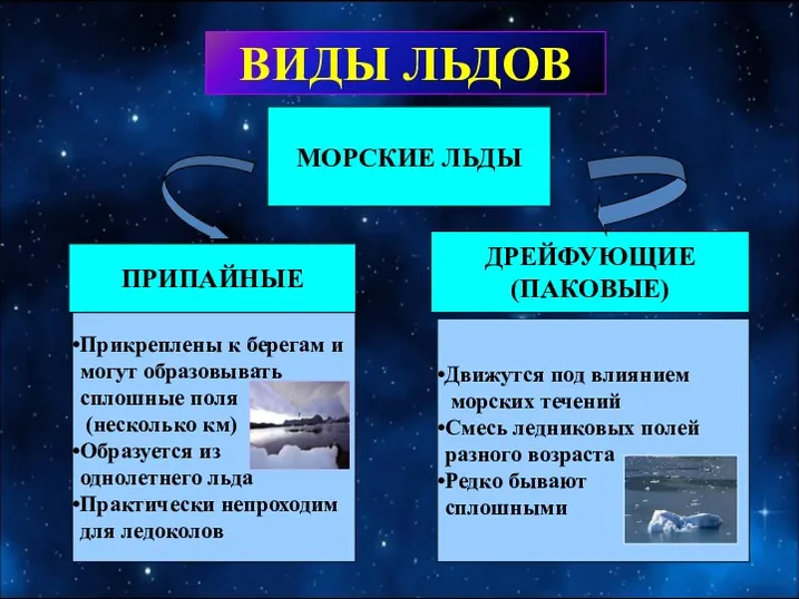 МОРСКИЕ ЛЬДЫ ПРИПАЙНЫЕ ДРЕЙФУЮЩИЕ (ПАКОВЫЕ) Прикреплены к берегам и могут