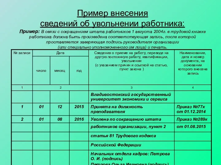 Пример внесения сведений об увольнении работника: Пример: В связи с