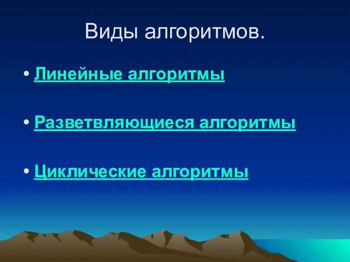 Виды алгоритмов. Линейные алгоритмы Разветвляющиеся алгоритмы Циклические алгоритмы