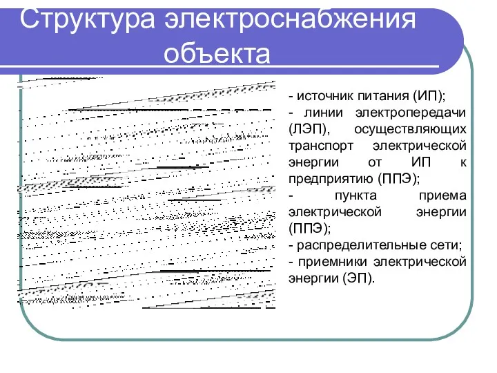 Структура электроснабжения объекта - источник питания (ИП); - линии электропередачи