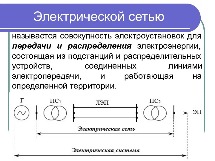 Электрической сетью называется совокупность электроустановок для передачи и распределения электроэнергии,