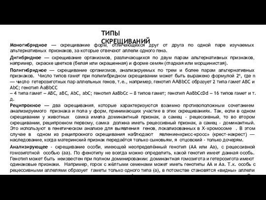 ТИПЫ СКРЕЩИВАНИЙ Моногибридное — скрещивание форм, отличающихся друг от друга