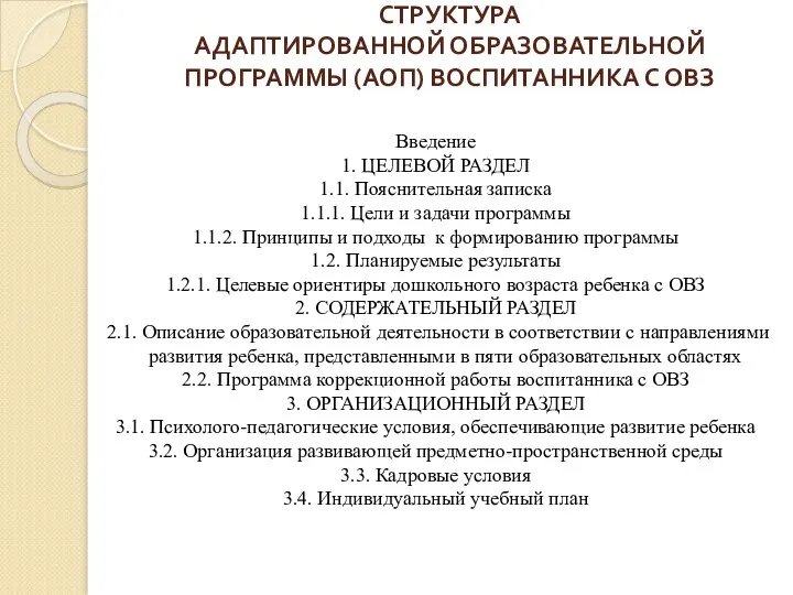 СТРУКТУРА АДАПТИРОВАННОЙ ОБРАЗОВАТЕЛЬНОЙ ПРОГРАММЫ (АОП) ВОСПИТАННИКА С ОВЗ Введение 1.