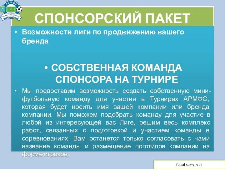 СПОНСОРСКИЙ ПАКЕТ Возможности лиги по продвижению вашего бренда СОБСТВЕННАЯ КОМАНДА