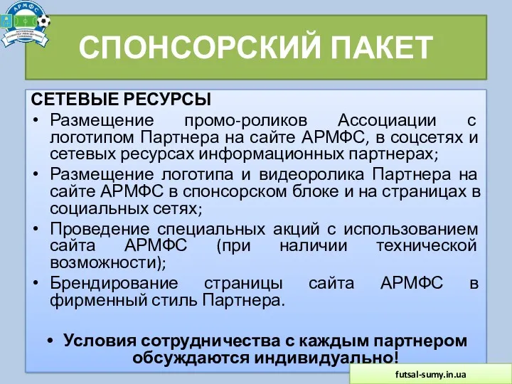 СПОНСОРСКИЙ ПАКЕТ СЕТЕВЫЕ РЕСУРСЫ Размещение промо-роликов Ассоциации с логотипом Партнера