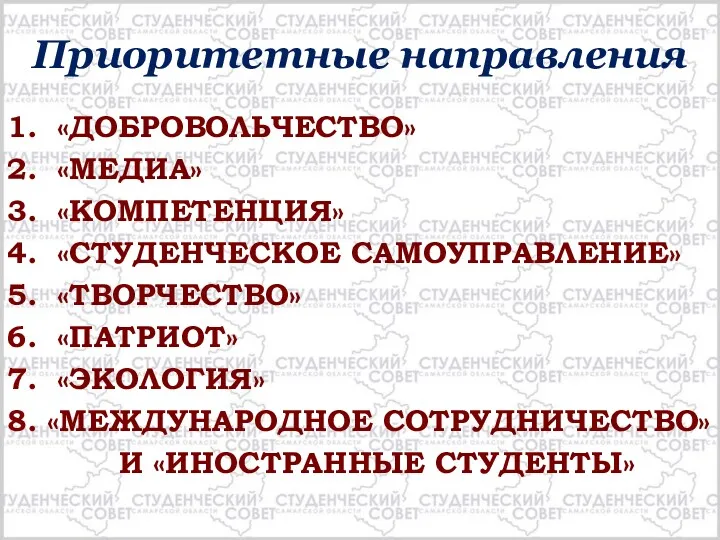 Приоритетные направления 1. «ДОБРОВОЛЬЧЕСТВО» 2. «МЕДИА» 3. «КОМПЕТЕНЦИЯ» 4. «СТУДЕНЧЕСКОЕ